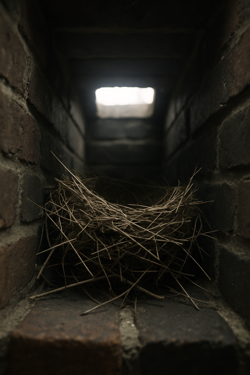 A direct interior chimney shot showing an actual bird nest inside the flue instantly illustrates the page's subject  -  