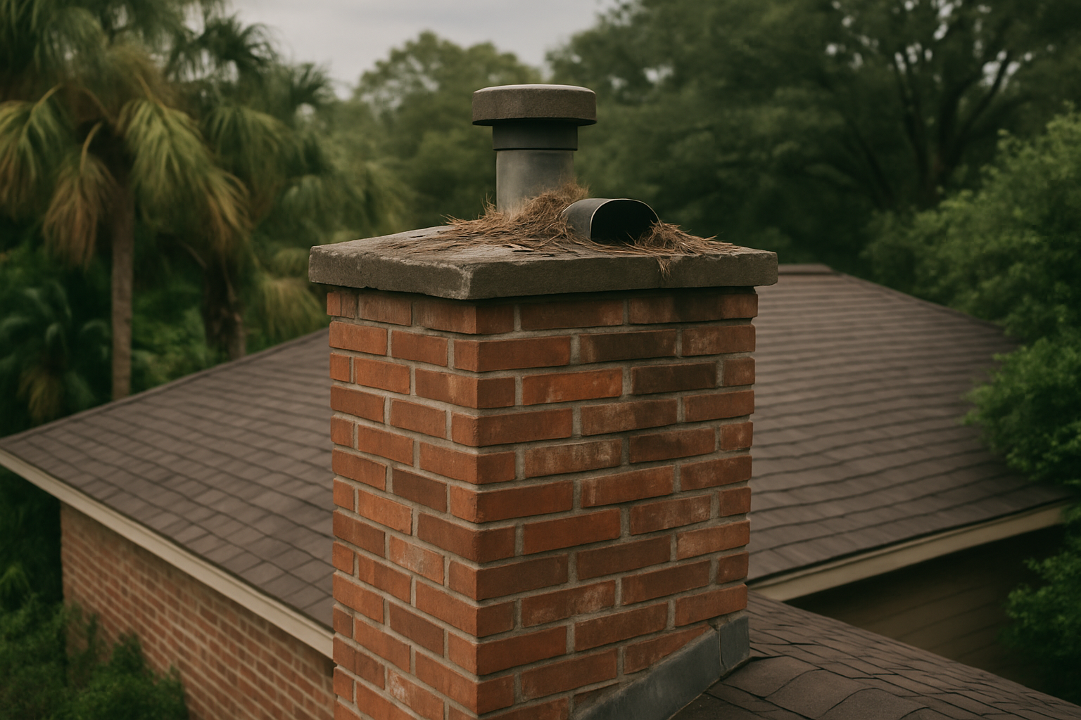 A chimney top with visible nesting debris and a missing cap immediately communicates the animal intrusion problem this s