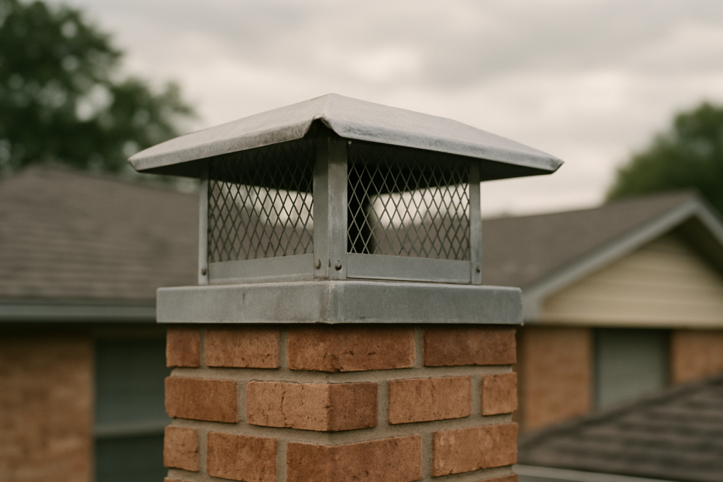 A tight shot of an installed chimney cap on a Houston-style brick home directly illustrates the page's subject - chimn