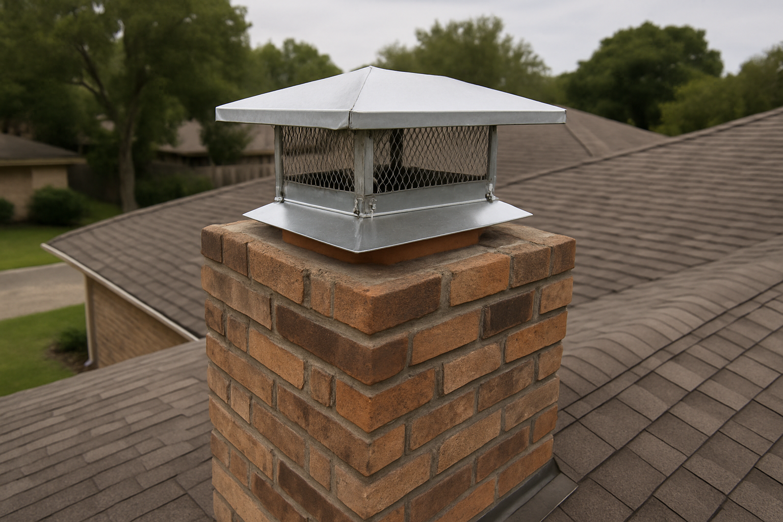 A tight rooftop shot of a properly seated chimney cap directly illustrates the page's core service - cap replacement w