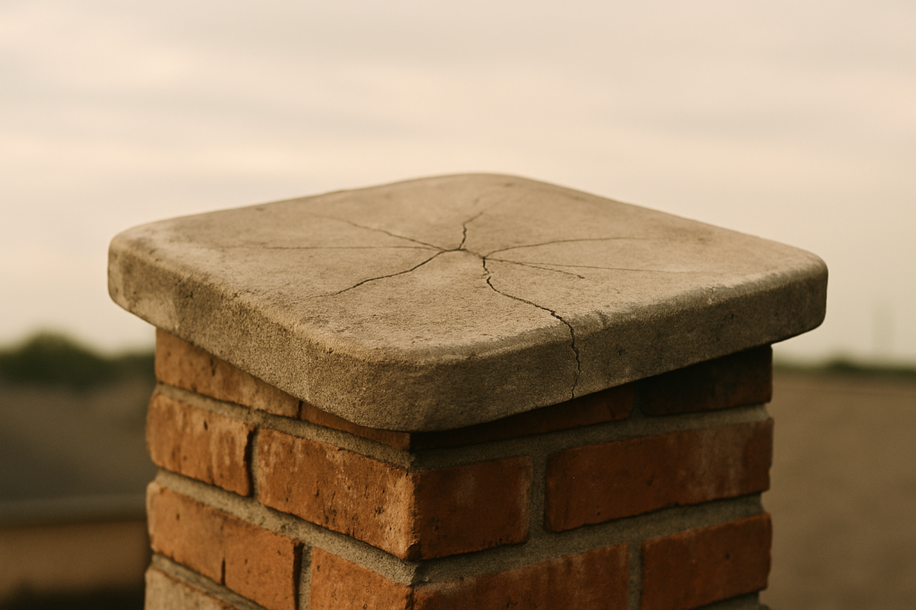 A direct, detail-focused shot of a cracked chimney crown grounds the section heading and illustrates the specific repair