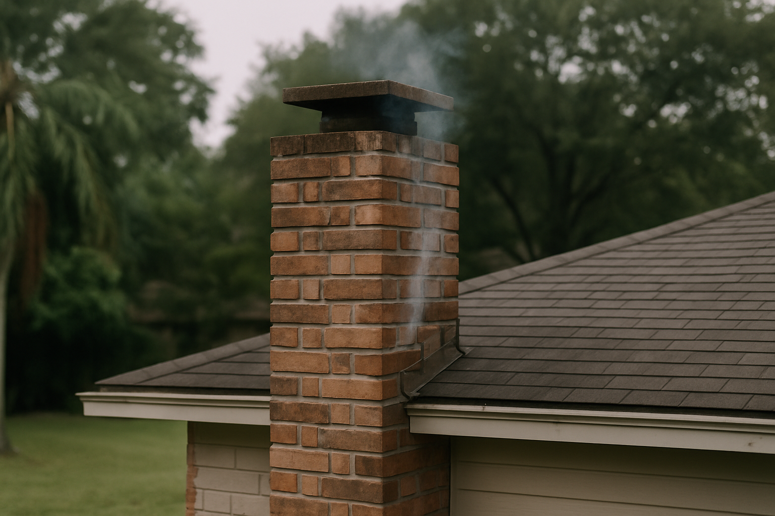 A chimney visibly backdrafting on a Houston-area home immediately illustrates the core diagnostic problem the page addre