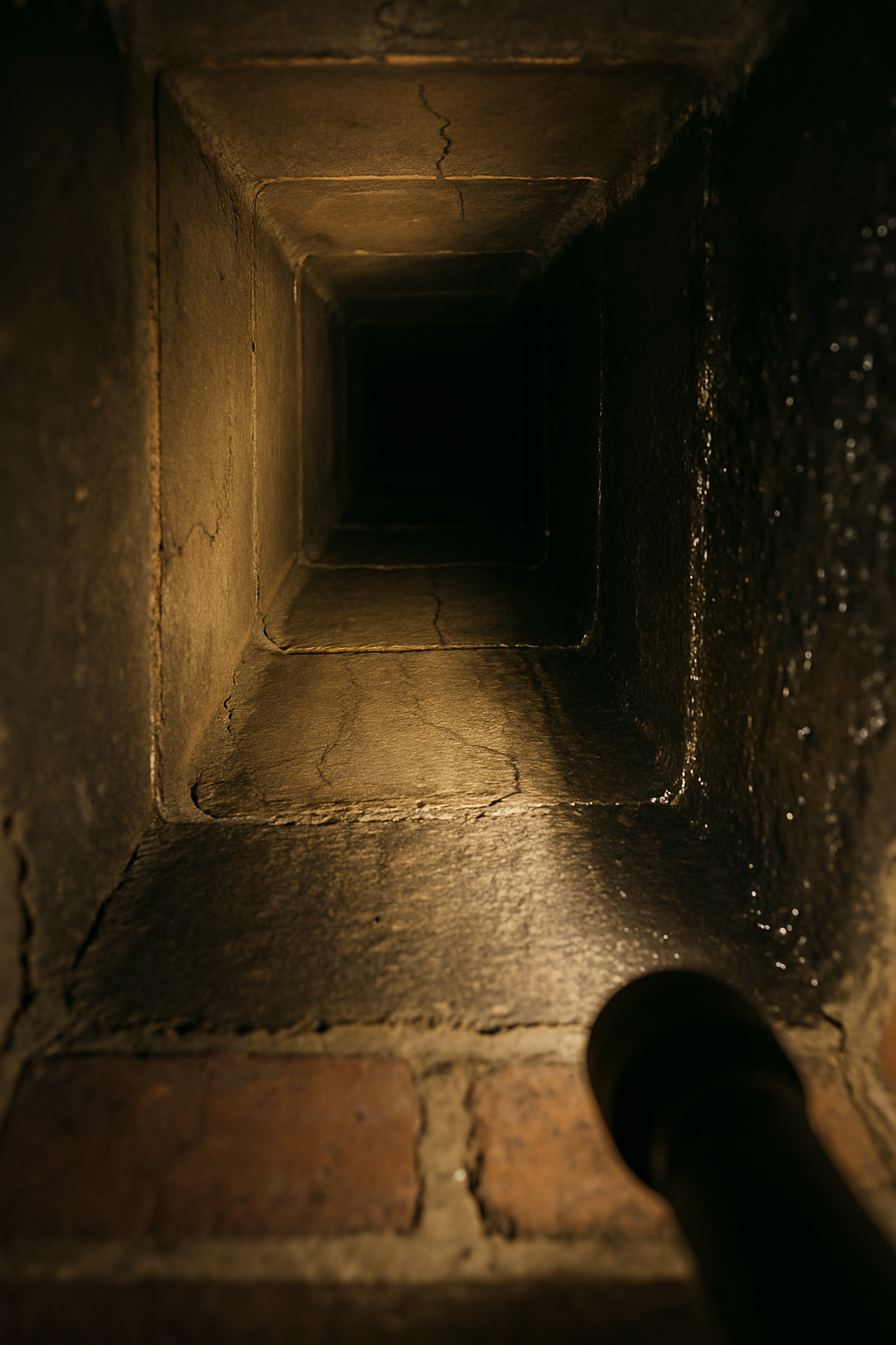A tight upward-looking flue shot directly illustrates the core subject  -  post-fire creosote assessment and liner condi