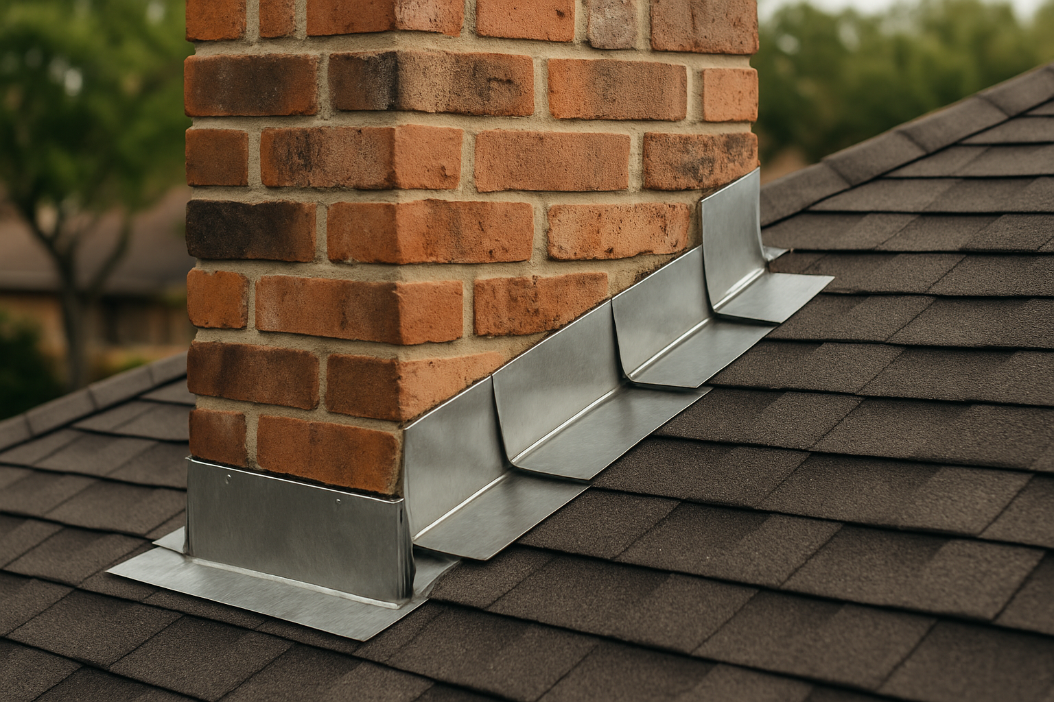 A tight, honest shot of the flashing system at the chimney-roof junction directly illustrates the two-part mechanical fl