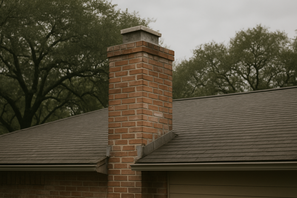 Brick chimney stack on a suburban Houston home roofline showing weathered mortar and a concrete crown under overcast skies, with mature live oak trees in the background