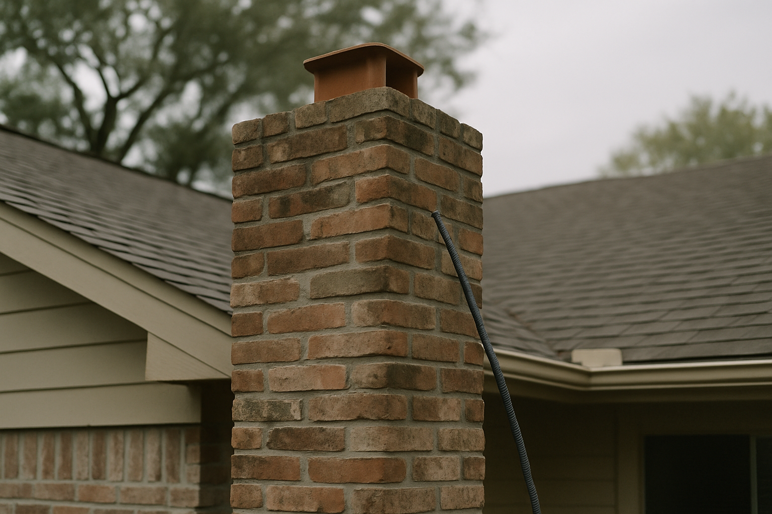 A weathered Houston-area chimney with an inspection tool present visually anchors the page's core topic  -  distinguishi