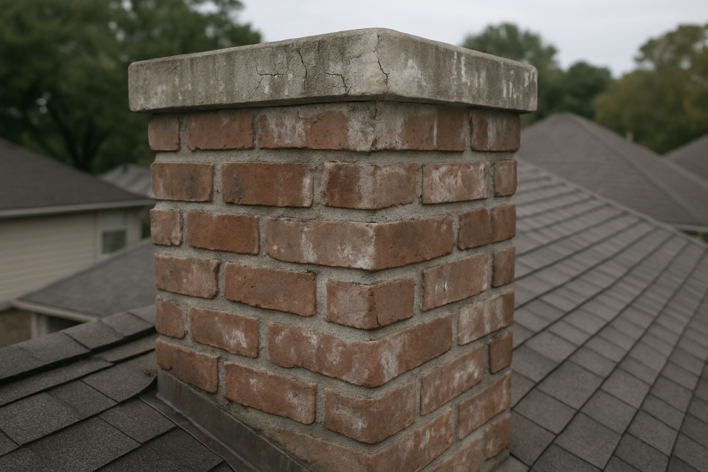 A weathered Houston chimney crown and mortar showing moisture damage grounds the diagnostics section in the actual subje
