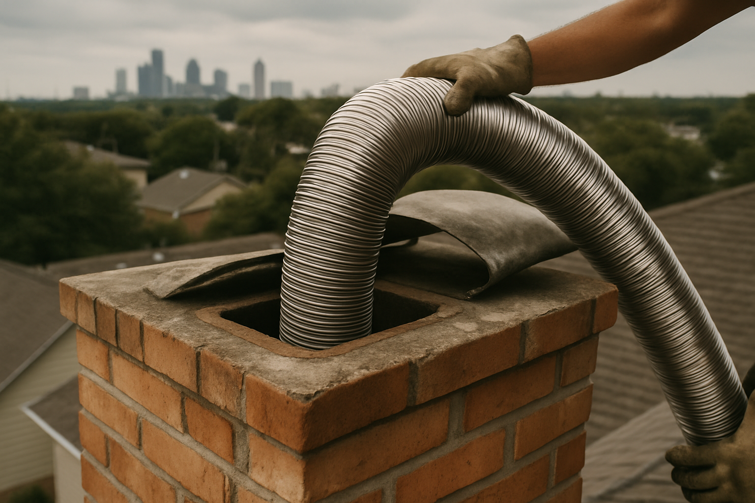 A liner being installed at a Houston rooftop directly illustrates the page's core service  -  chimney liner installation