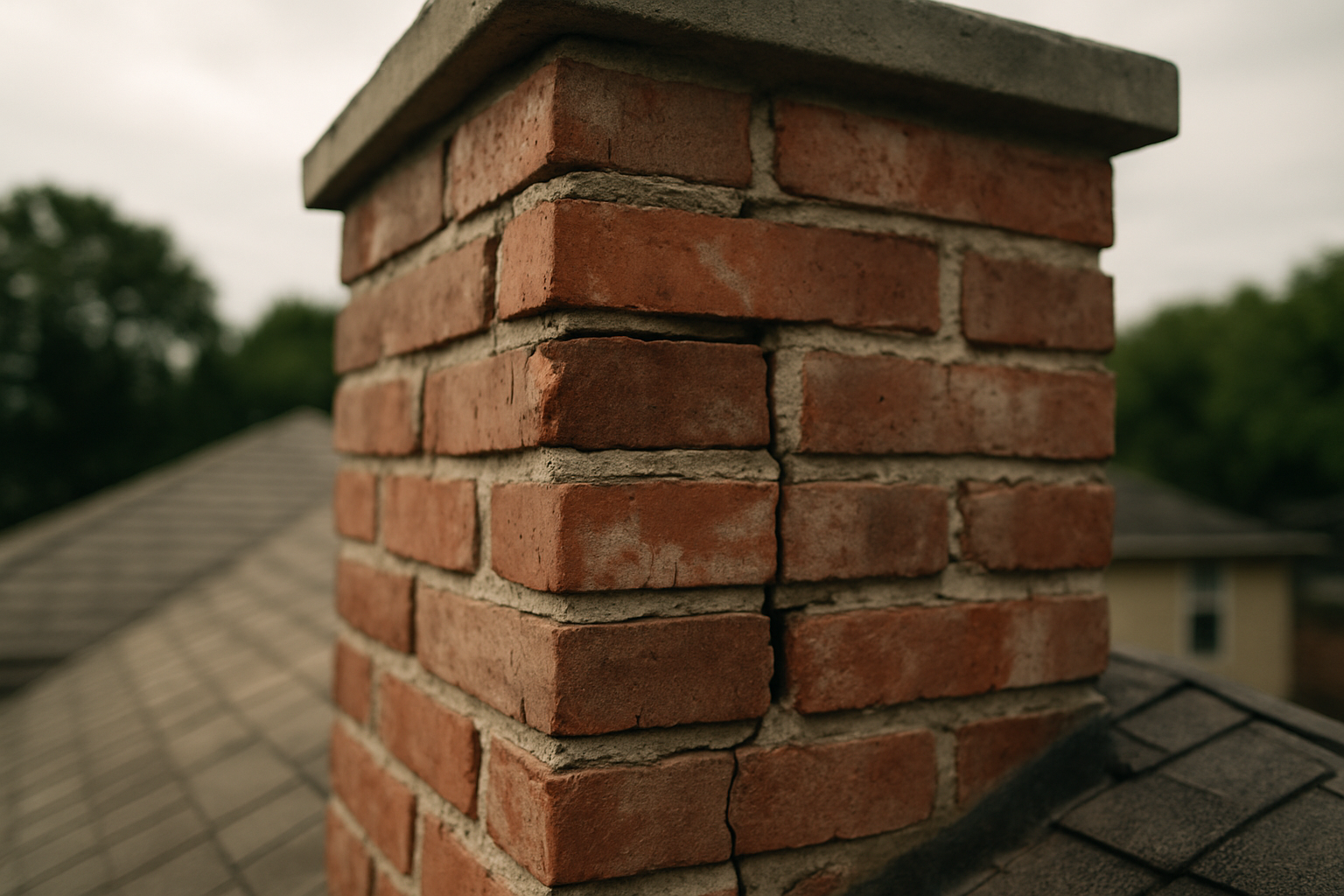 Shows the exact subject  -  deteriorating chimney mortar joints on a Houston-style residential chimney  -  grounding vis