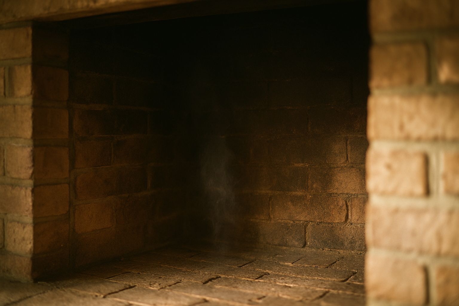 Shows the interior brick masonry of a firebox where odor-causing creosote absorbs into pores, directly illustrating the 
