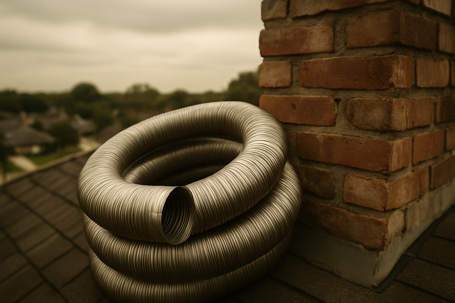 A stainless liner next to a Houston brick chimney directly illustrates the relining service topic while grounding the sc
