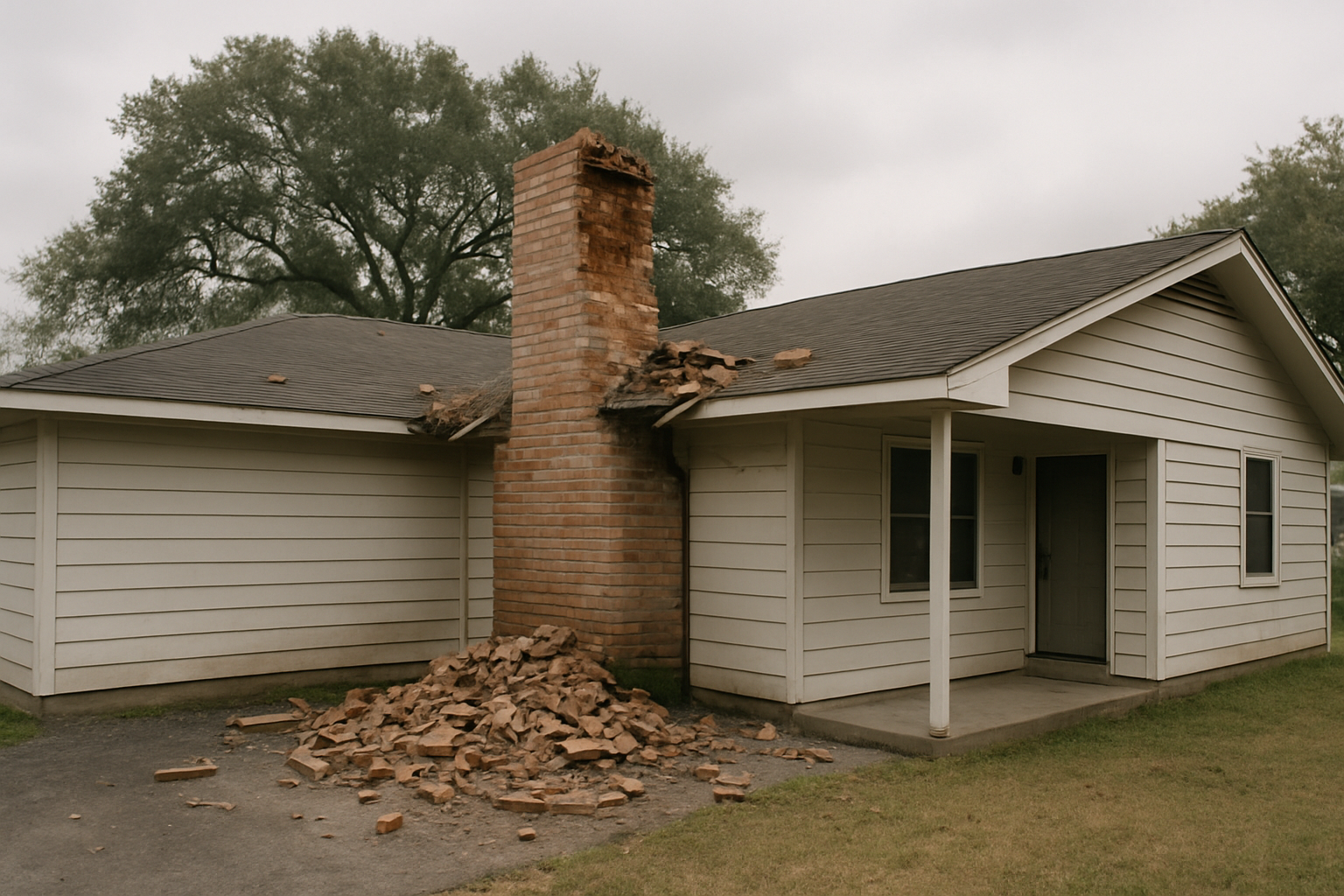 Shows the physical reality of chimney removal on a Houston-typical home, grounding visitors in the actual scope of work 