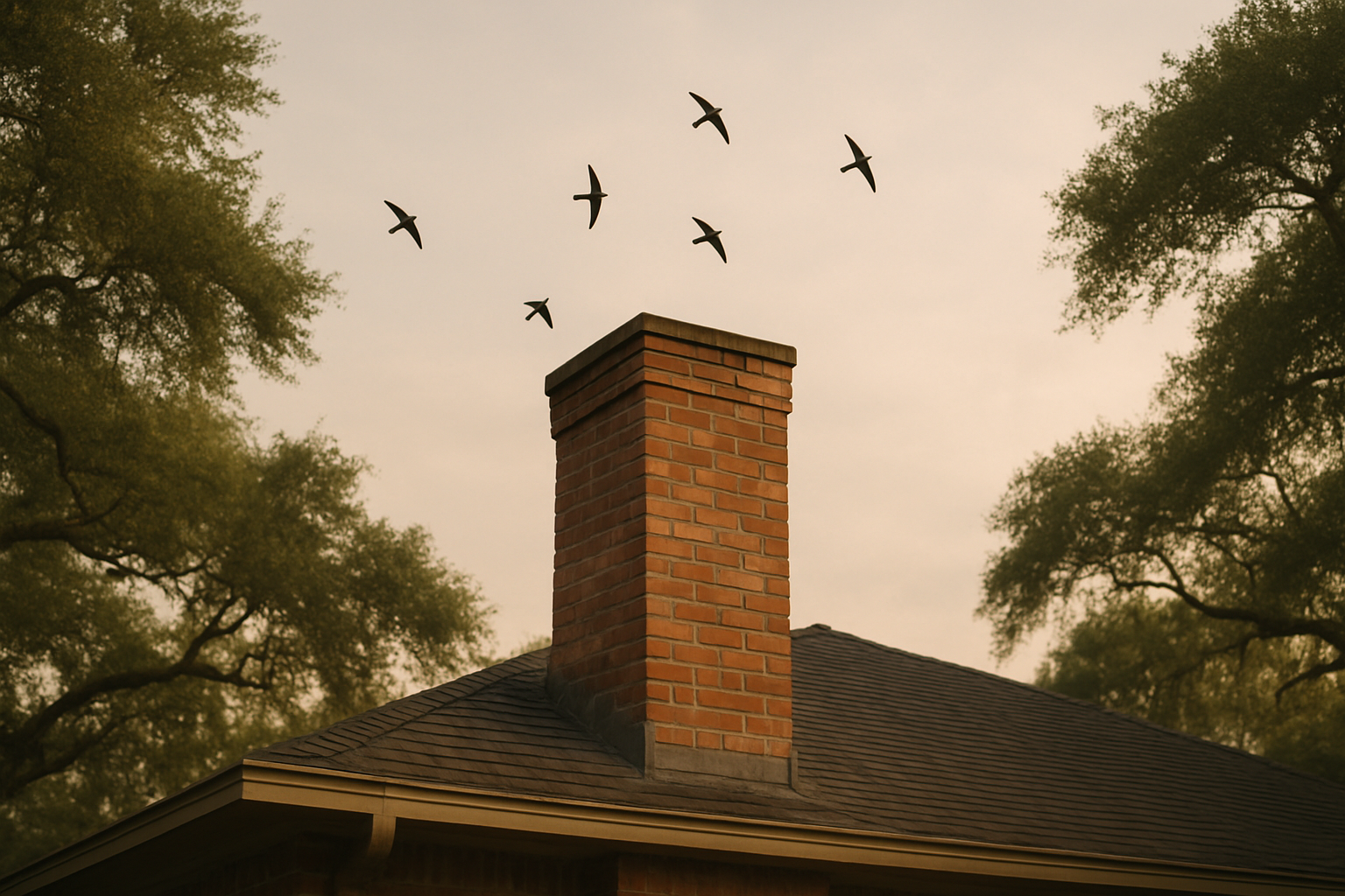 Chimney swifts circling their roost chimney at dusk visually anchors the page's subject  -  the federally protected bird