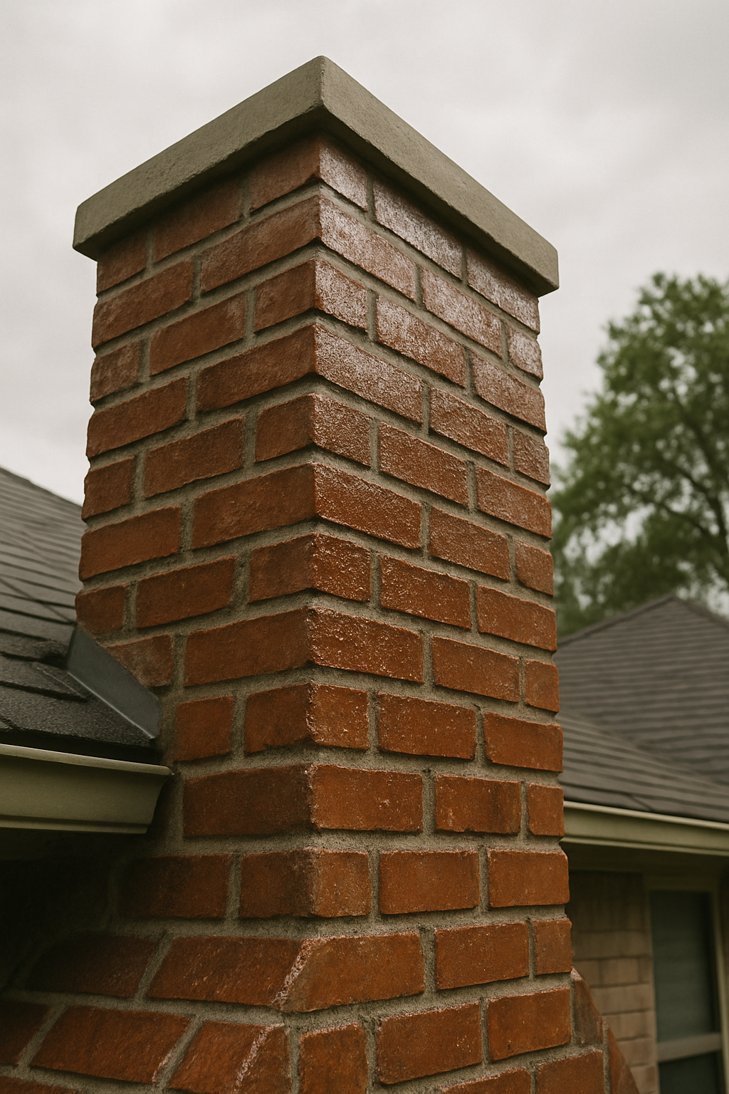 A tight shot of a sealed Houston chimney exterior directly illustrates vapor-permeable waterproofing applied to masonry,