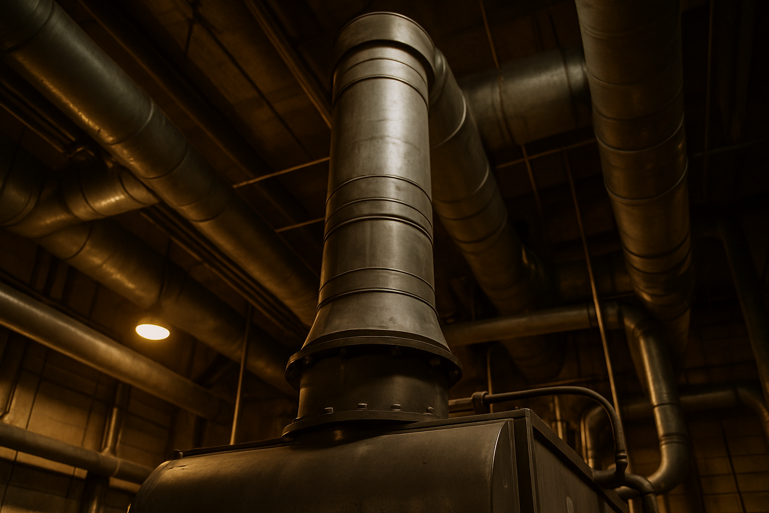 A concrete mechanical-room scene grounding the page's topic of commercial boiler flue cleaning with an authentic industr