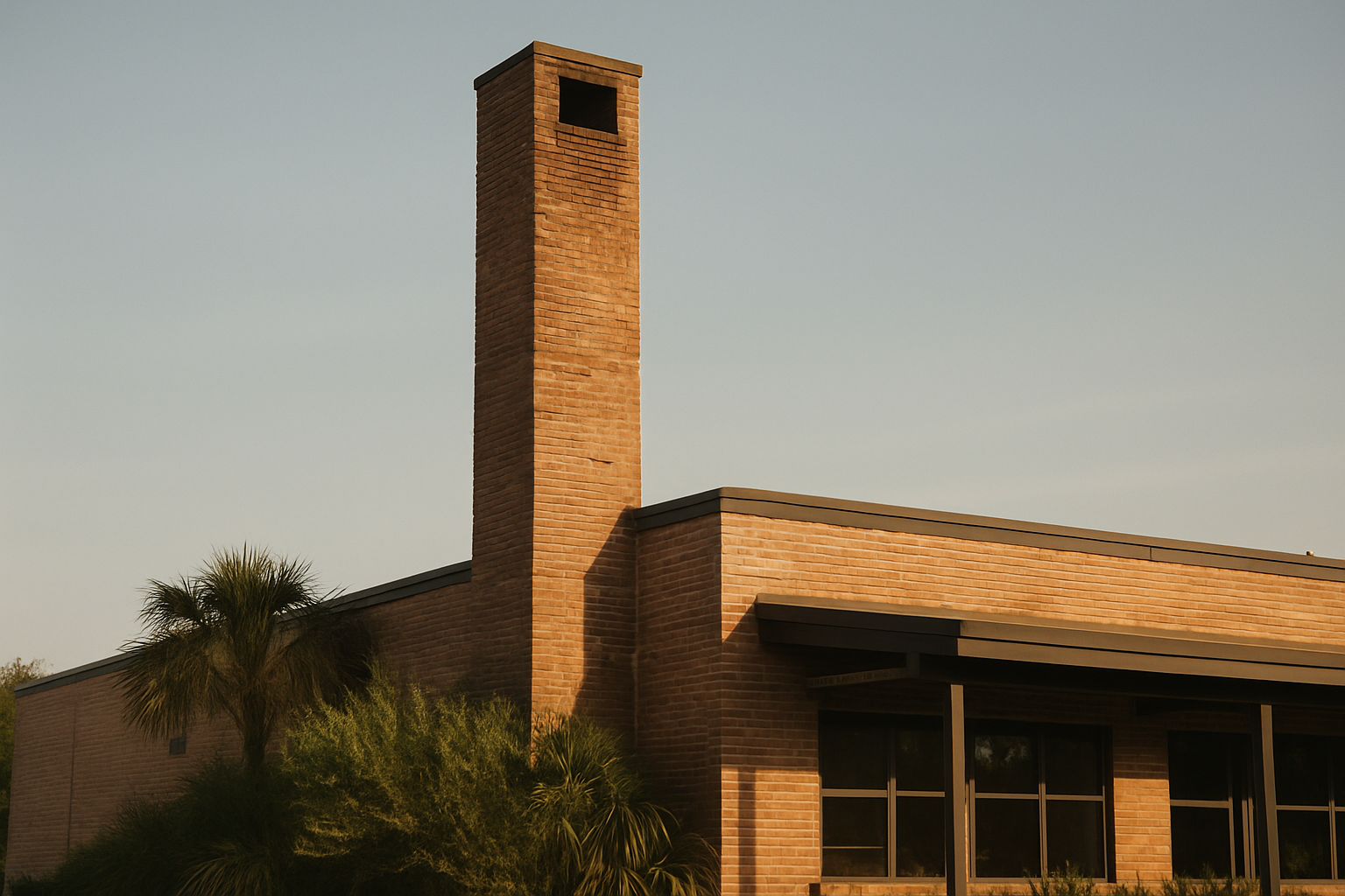 An establishing shot of a commercial chimney on a recognisable Houston-style low-rise building grounds the page's subjec