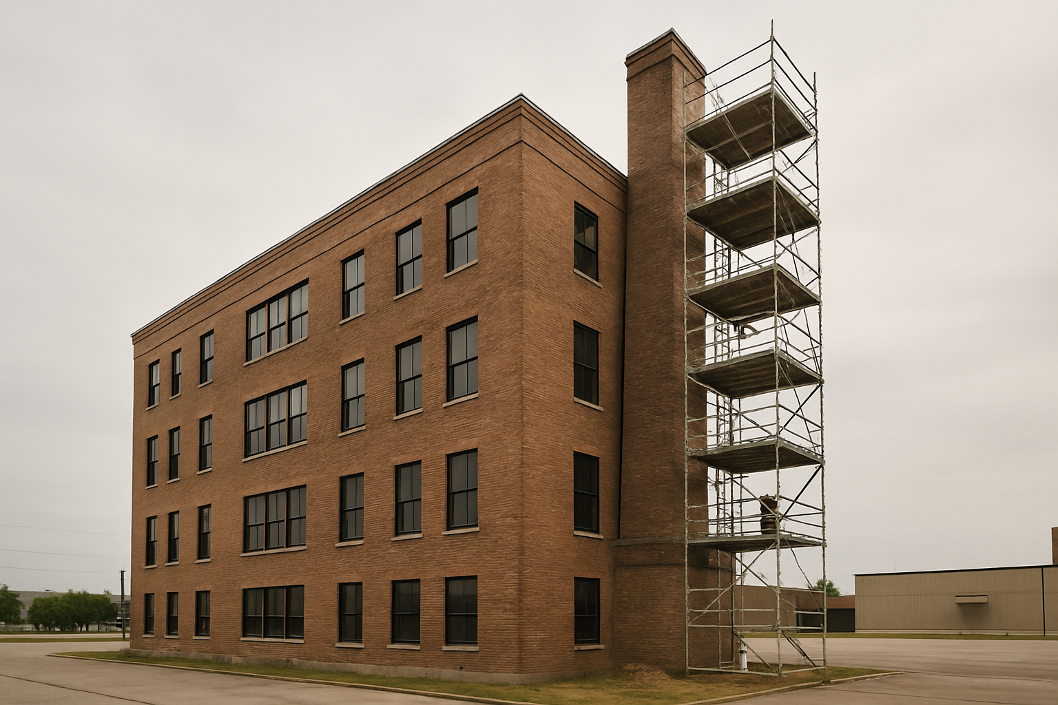 Scaffolding against a commercial masonry chimney directly illustrates the page's core message about large-scale, structu