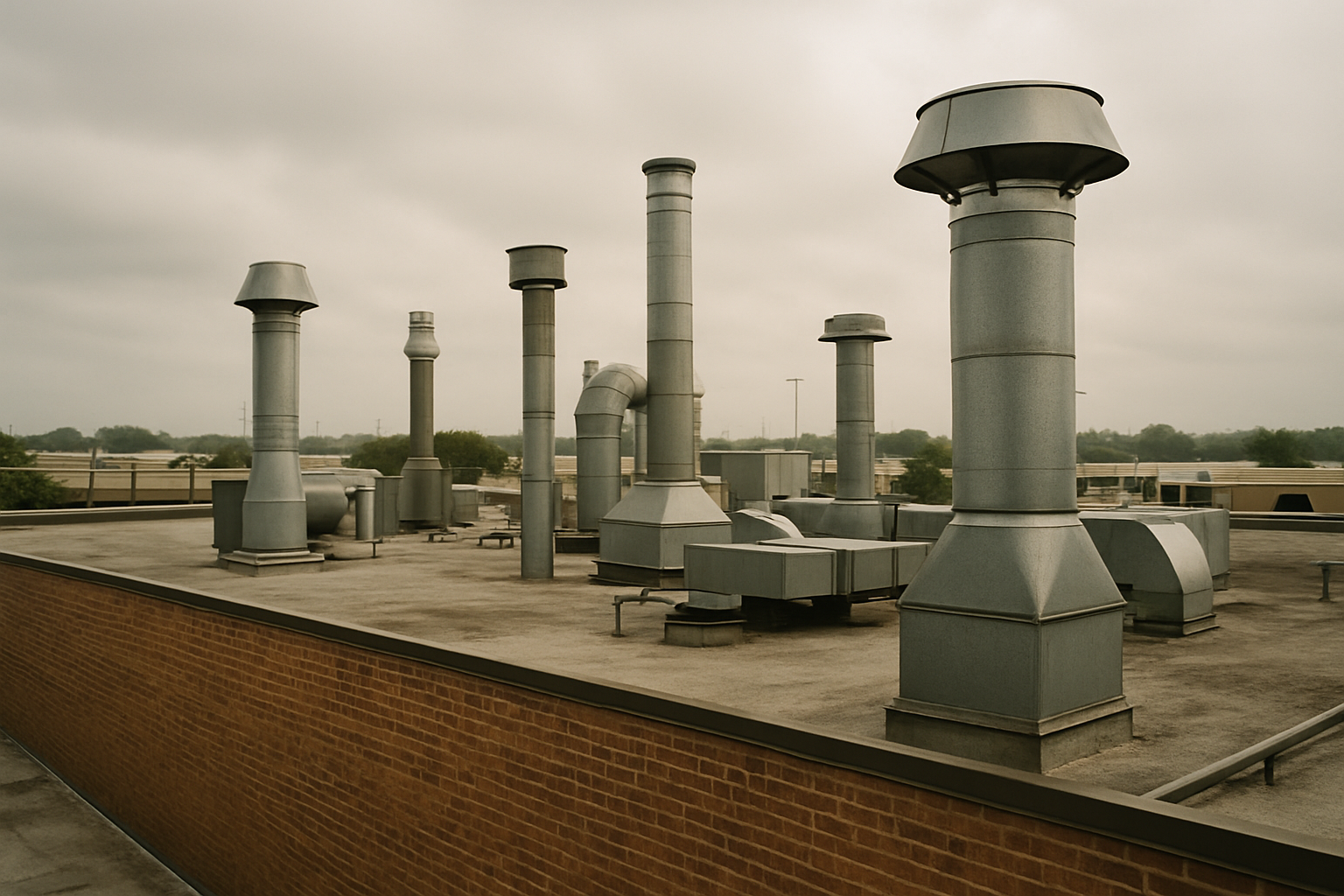 A rooftop view of commercial flue stacks on a Houston flat-roofed building grounds the section in the actual subject - m