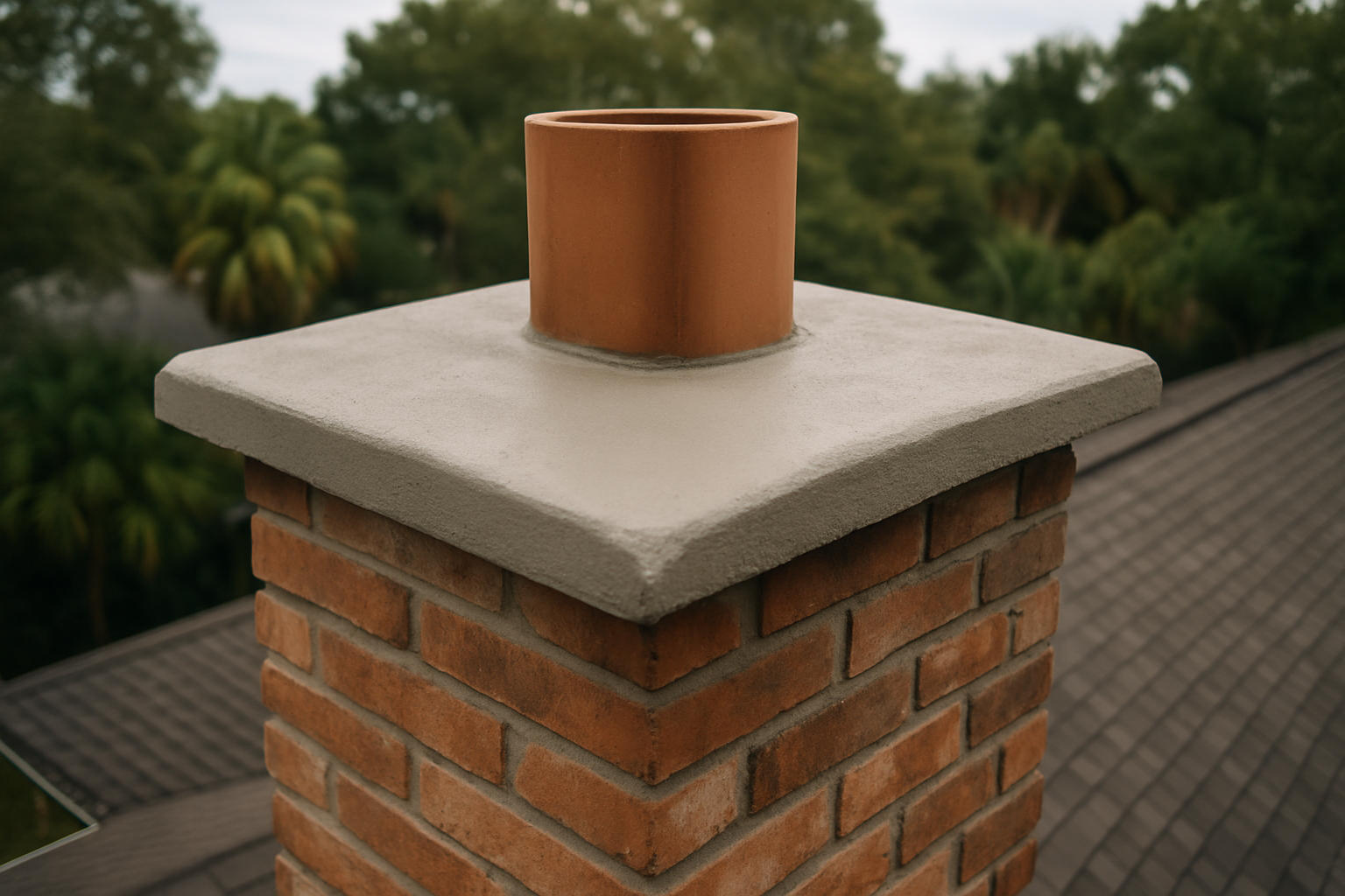 A tight, detail-oriented shot of a finished concrete chimney crown in a Houston residential setting directly illustrates