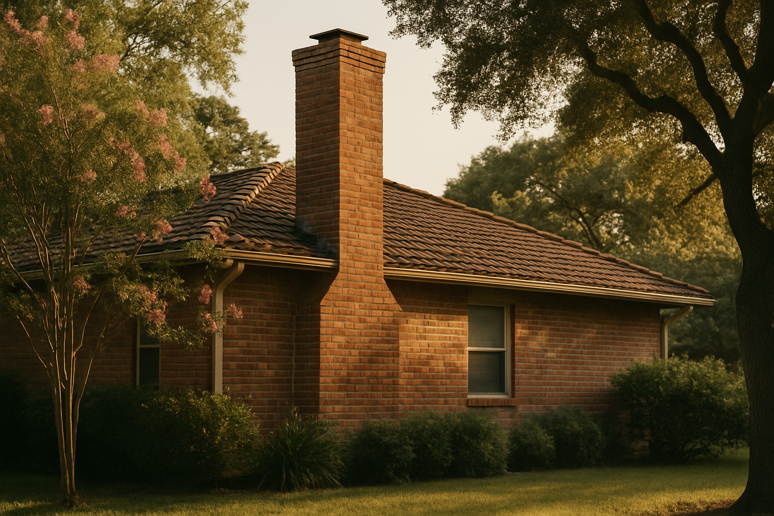A warm, approachable exterior shot of a Houston-style home with a visible chimney anchors the contact section with a sen