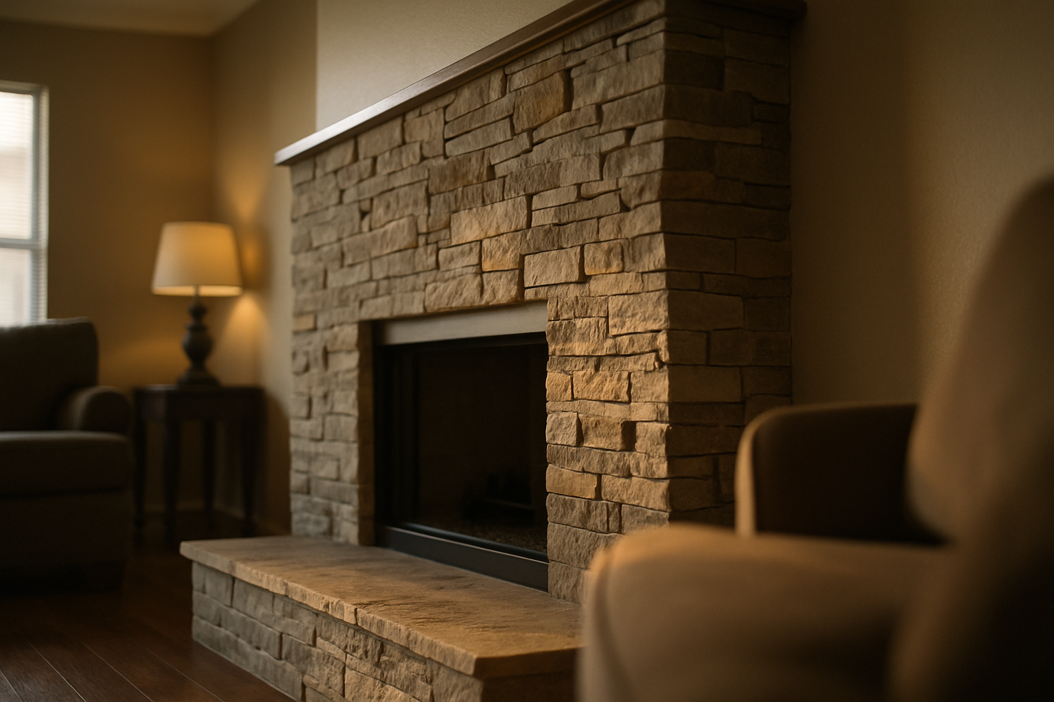 This hero slot introduces the stone veneer remodeling service, so a finished fireplace surround showcasing attractive st