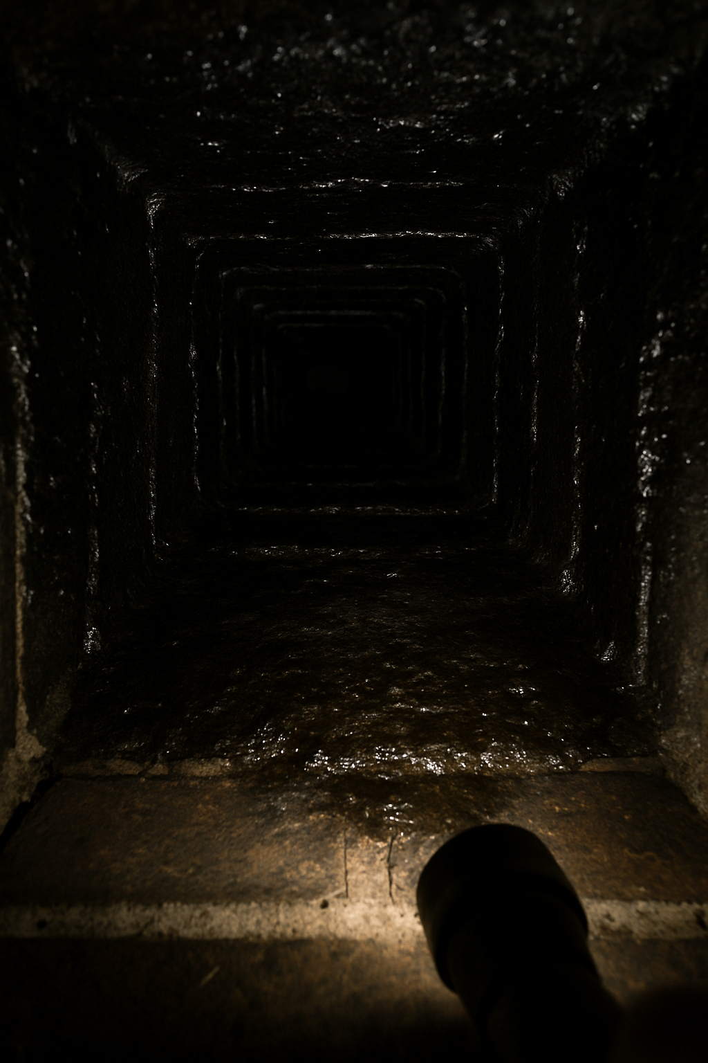 A tight flue interior shot showing the distinctive shiny, tar-like appearance of glazed creosote directly illustrates th