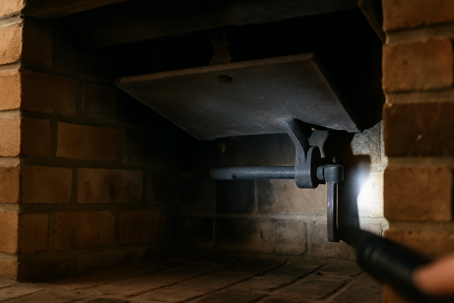 A detailed, honest view of a fireplace damper mechanism directly illustrates the page's core subject  -  diagnosing and 