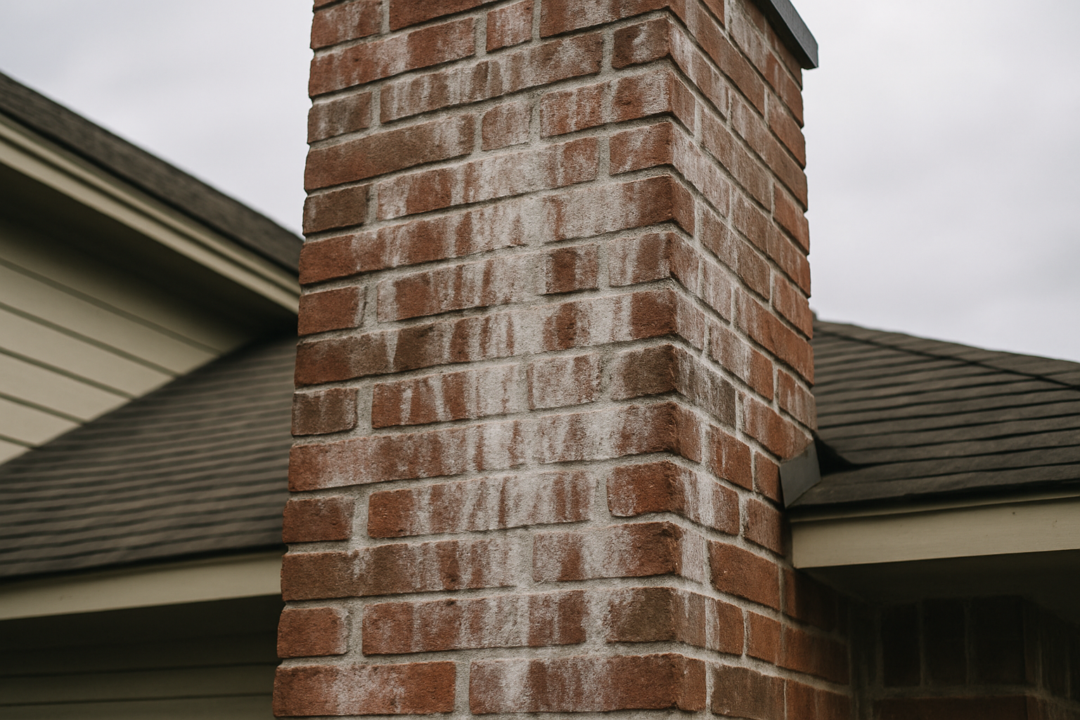 A direct, textured view of efflorescence staining on a brick chimney immediately illustrates the diagnostic subject matt