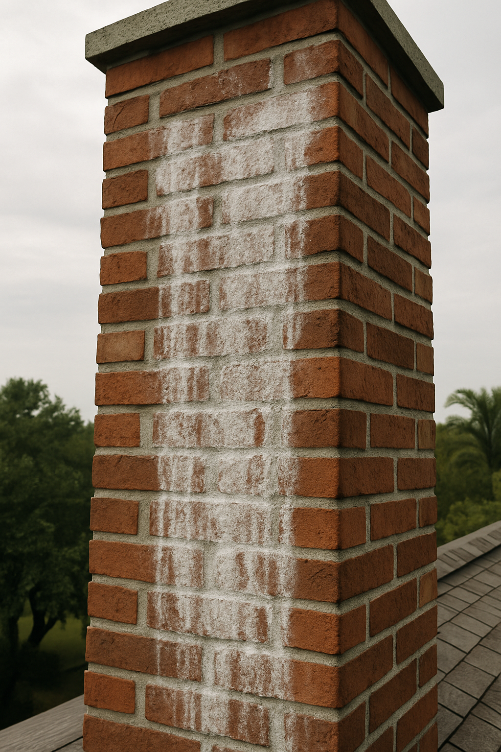 A tight portrait-oriented shot of a brick chimney visibly streaked with efflorescence deposits directly illustrates the 