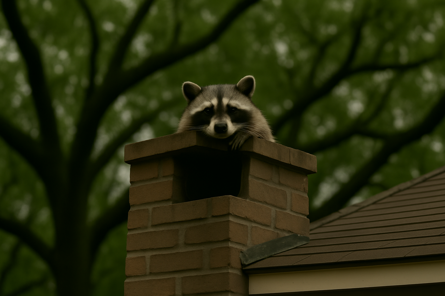 An exposed chimney flue opening amid Houston's characteristic vegetation immediately signals the animal-entry vulnerabil