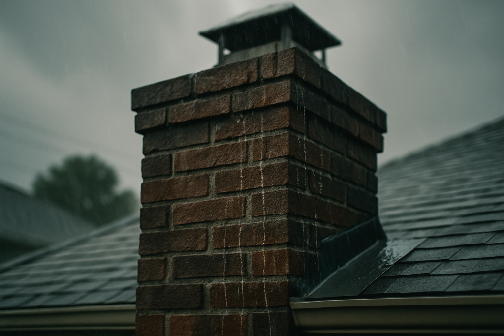 Active water on a Houston-area chimney immediately communicates an emergency leak scenario and matches the section's foc