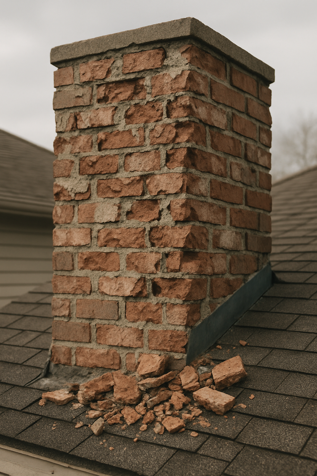 A tight shot of a visibly spalling chimney on a Houston-area home immediately illustrates the emergency condition descri