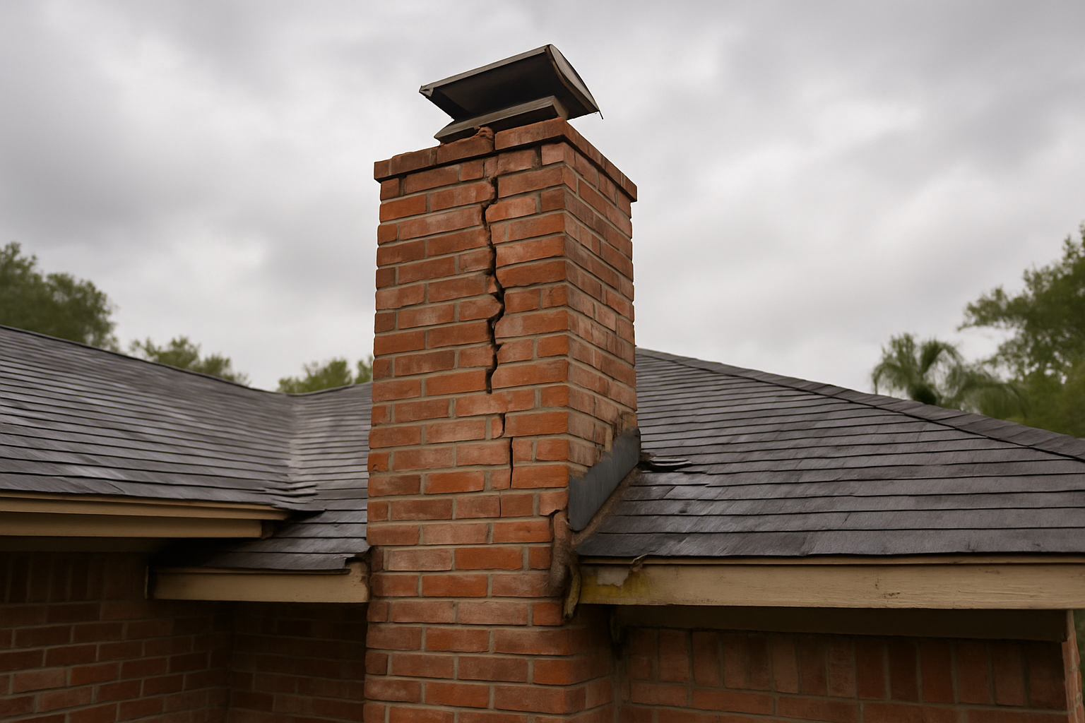 Directly illustrates the page's subject  -  post-storm chimney damage assessment in Houston  -  with realistic regional 
