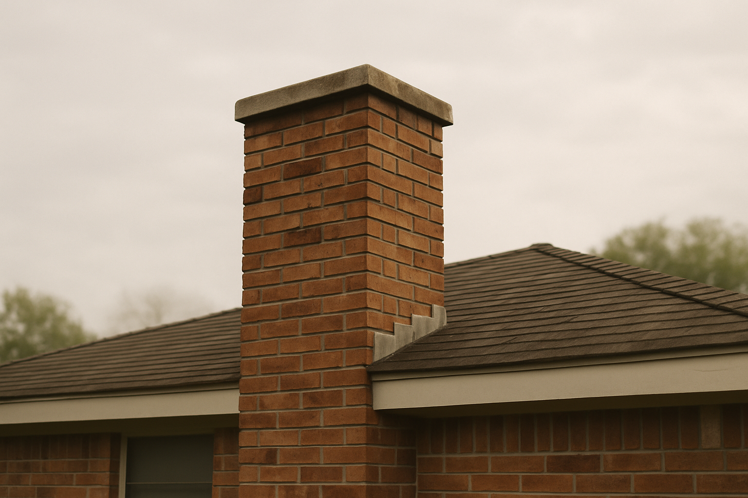 A clear, neutral shot of a Houston-style residential chimney establishes the FAQ page's subject matter and regional cont