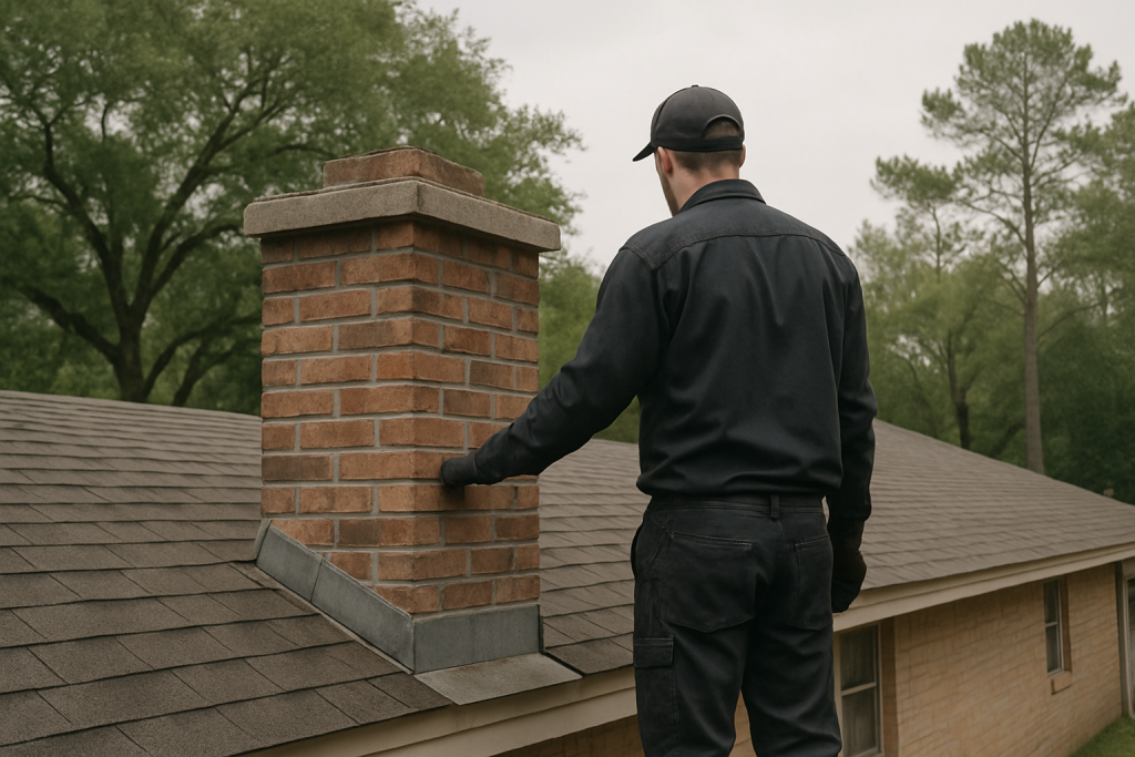 Shows a technician actively inspecting a brick chimney exterior on a Texas suburban home, directly illustrating certifie