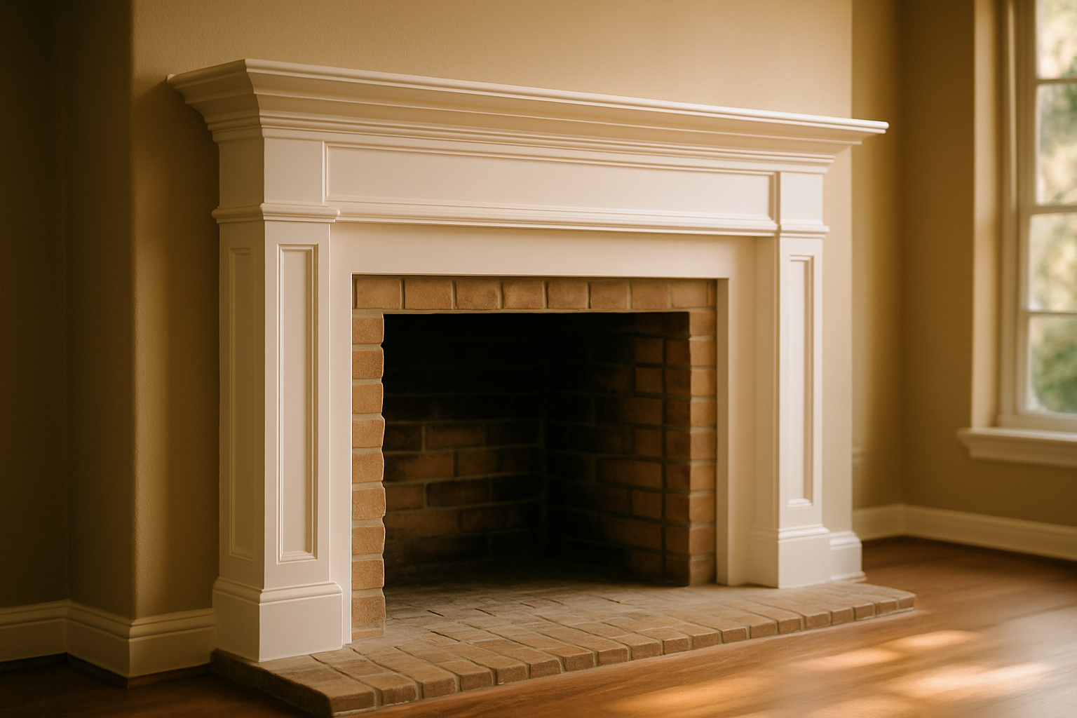 A close but wide view of a finished custom mantel installation directly illustrates the page's subject  -  custom firepl