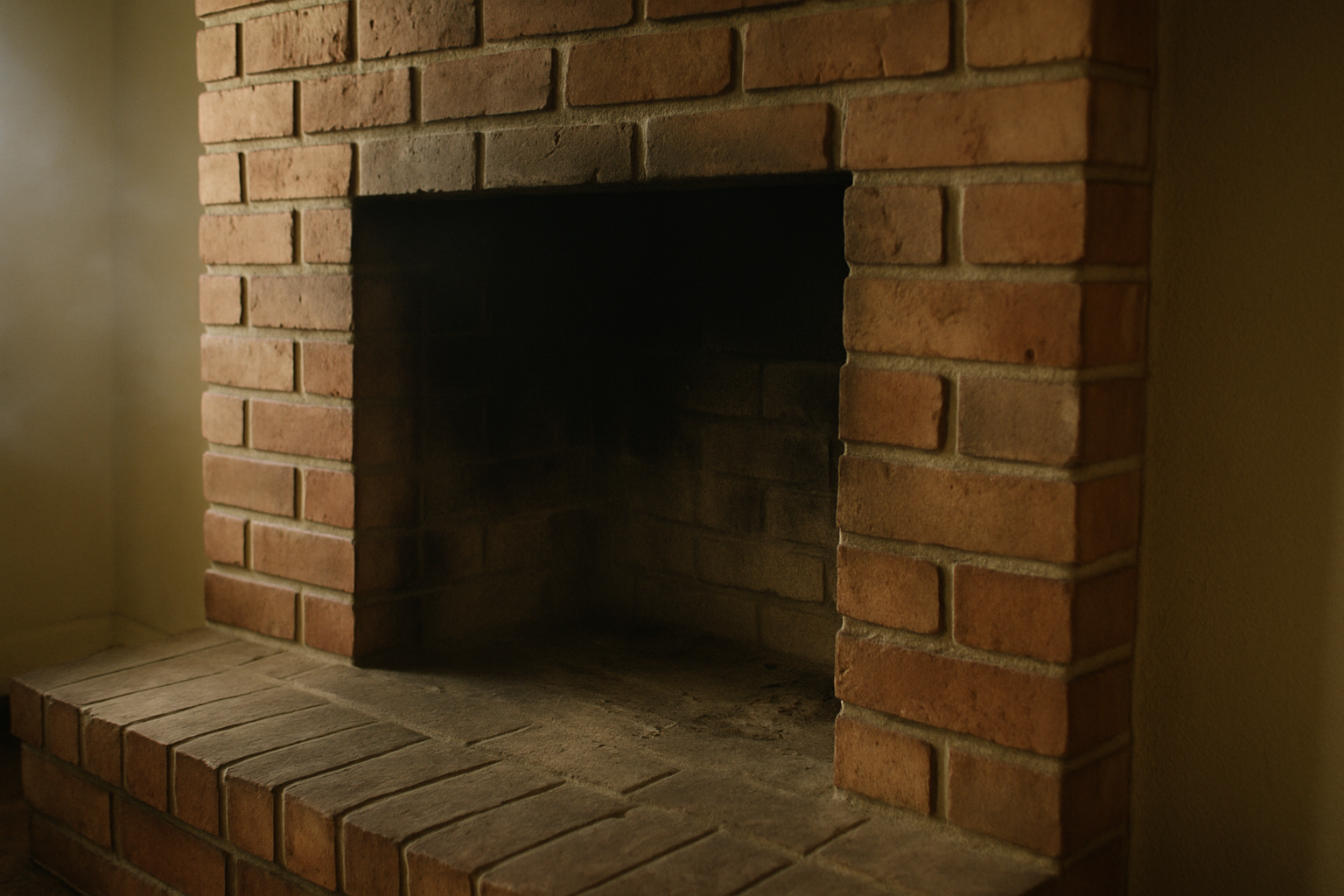 A dormant, slightly sooty Houston-area fireplace interior visually anchors the odor-diagnosis subject matter without dep