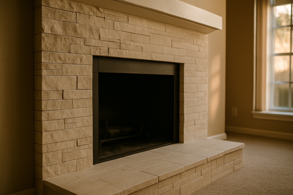 A finished fireplace surround with updated facing material directly illustrates the refacing service described on the pa
