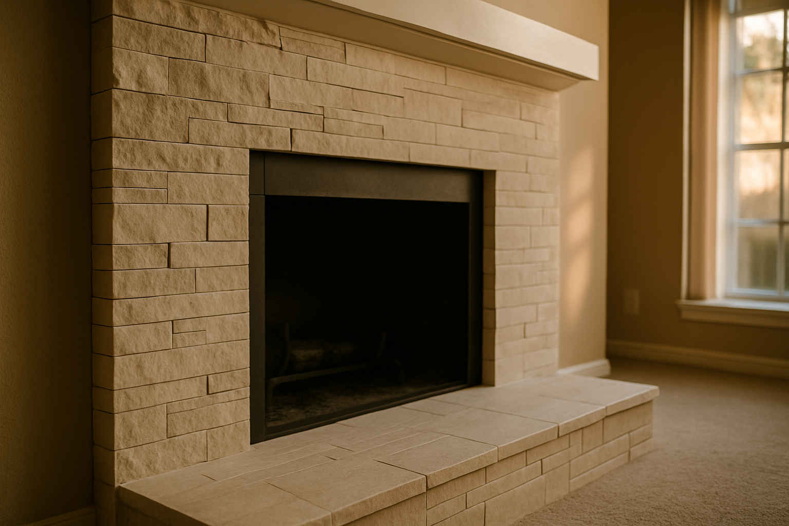 A finished fireplace surround with updated facing material directly illustrates the refacing service described on the pa