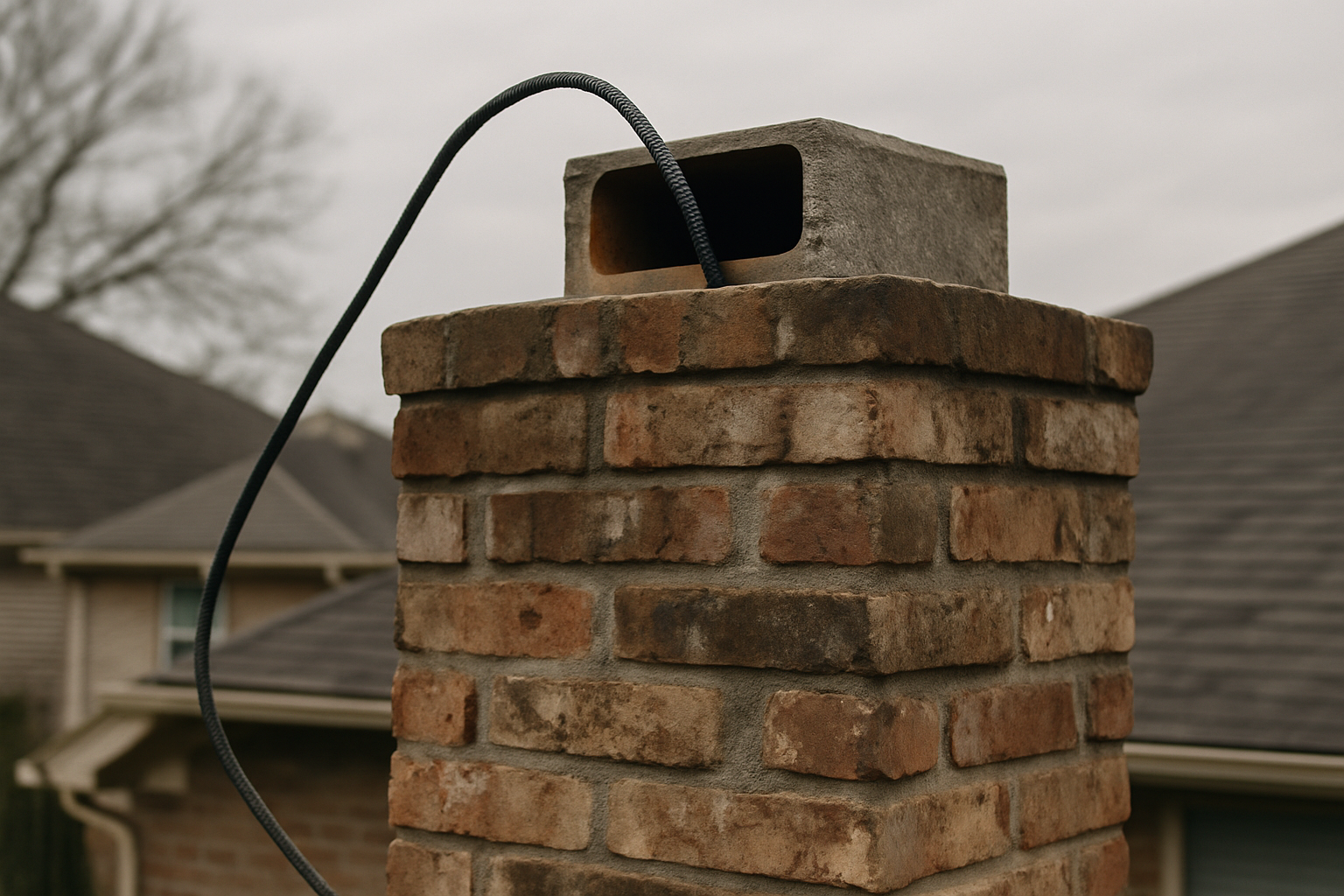 An inspection camera entering a real Houston chimney flue conveys the precise, investigative nature of forensic diagnost