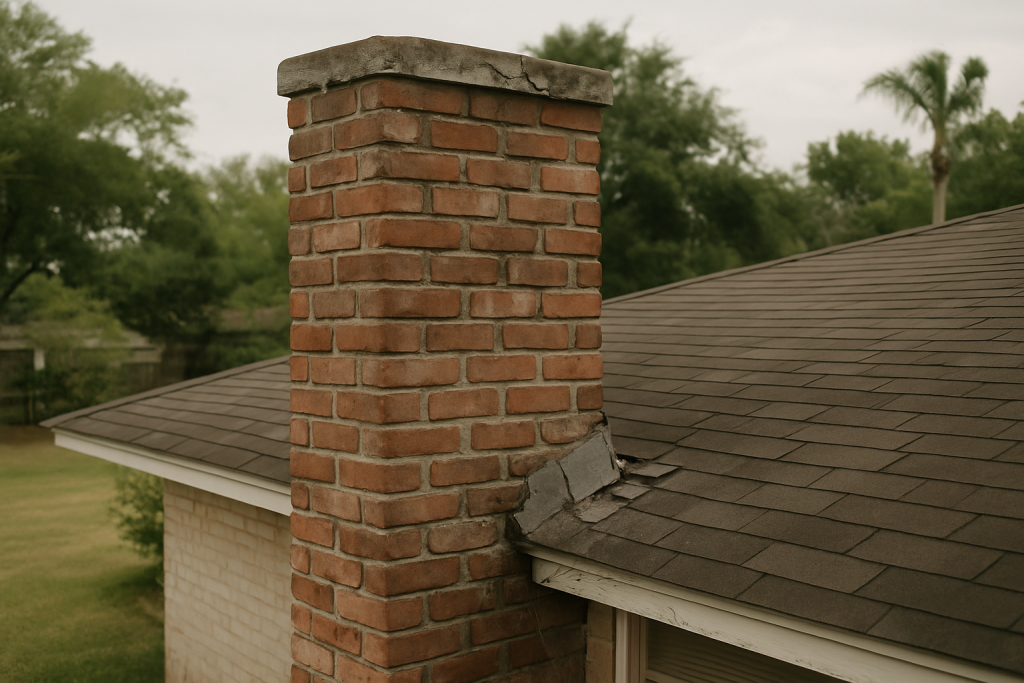A visibly weathered Houston-area chimney with multiple failing components - crown, mortar, and flashing - directly i