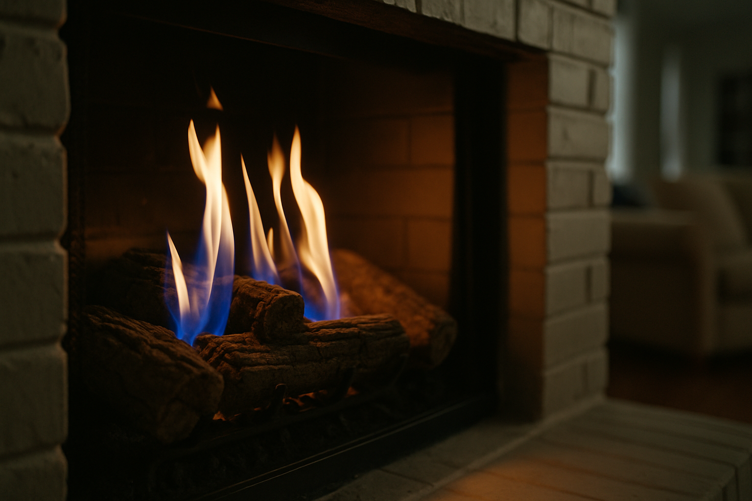 Shows a gas fireplace actively burning  -  directly matching the page's emphasis on live-fire inspection under operating