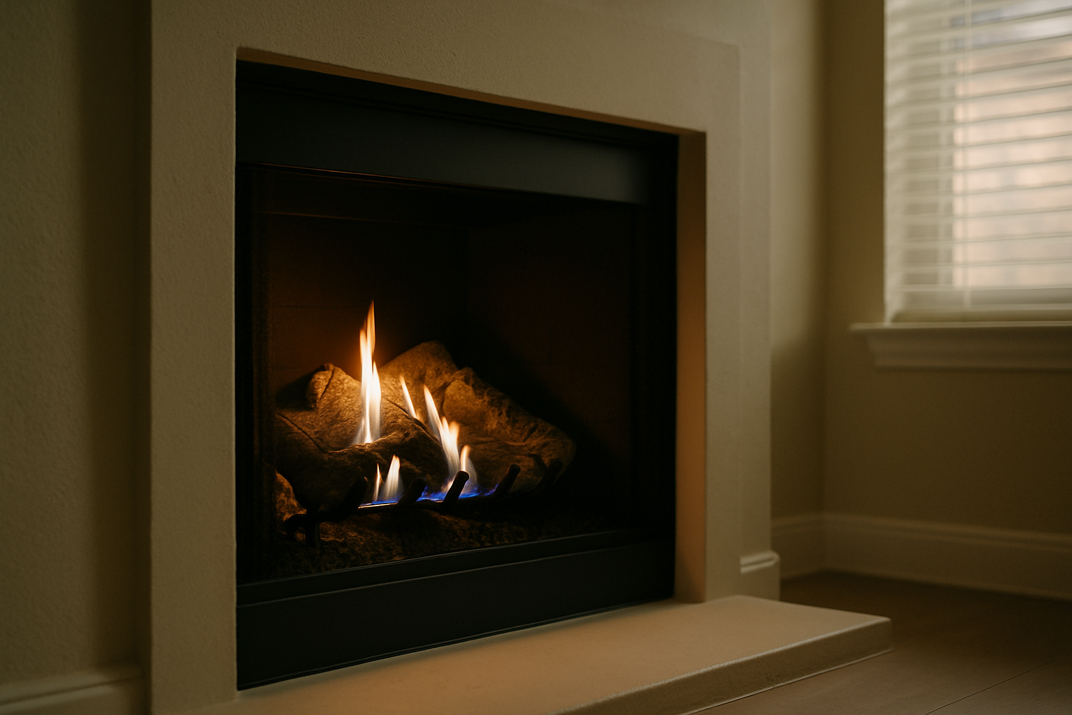 A lit gas fireplace interior anchors the hero section of a gas fireplace repair page, immediately communicating the serv