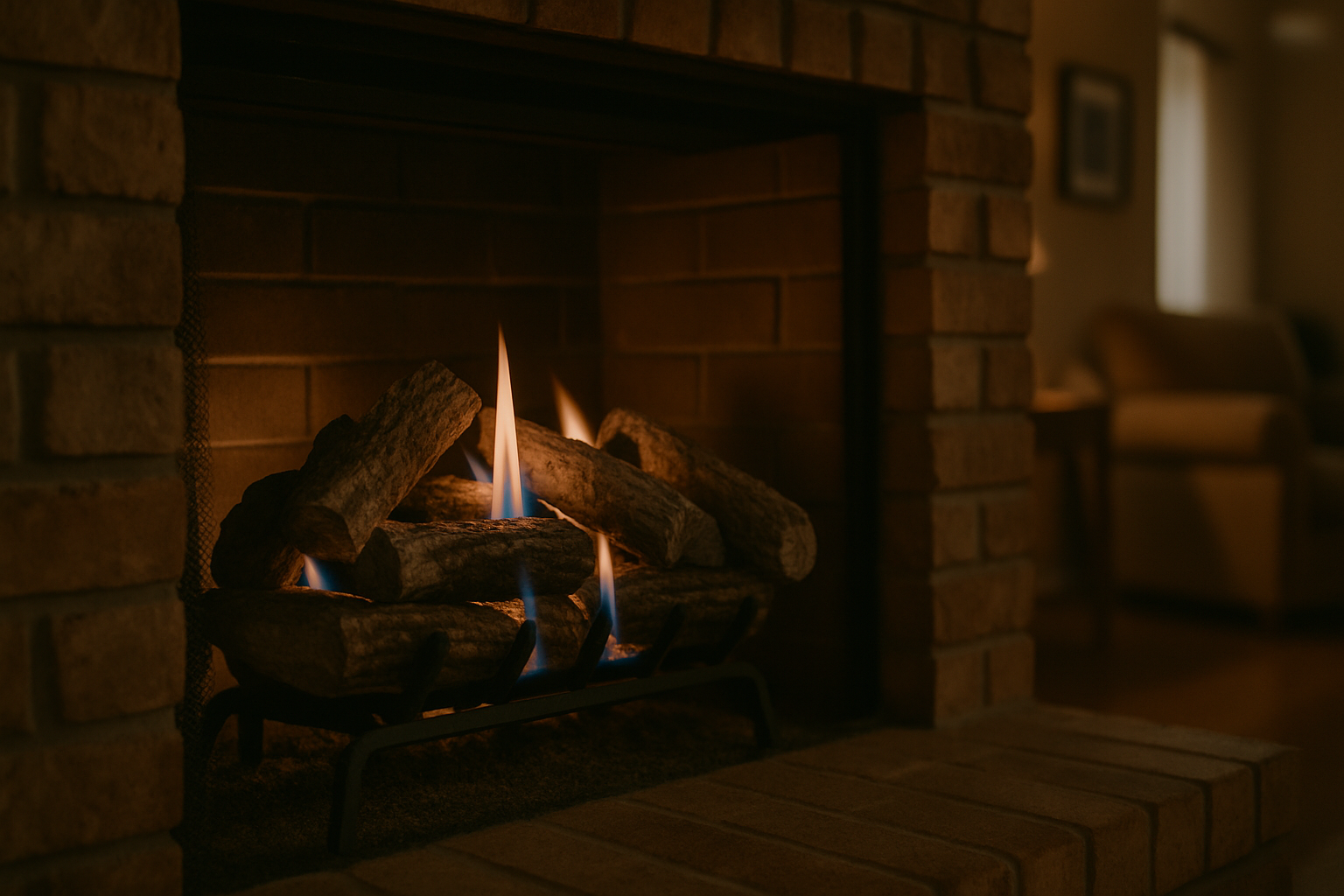 A glowing gas log set inside a traditional brick fireplace immediately illustrates the conversion service and creates th
