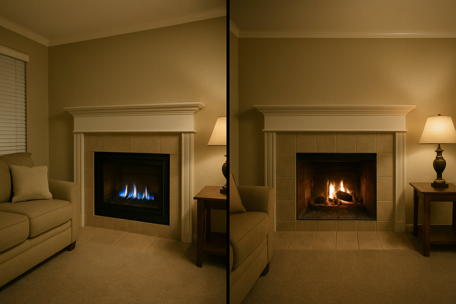 A direct visual comparison of gas versus wood-burning fireplaces in a Houston-style interior anchors the guide's core su