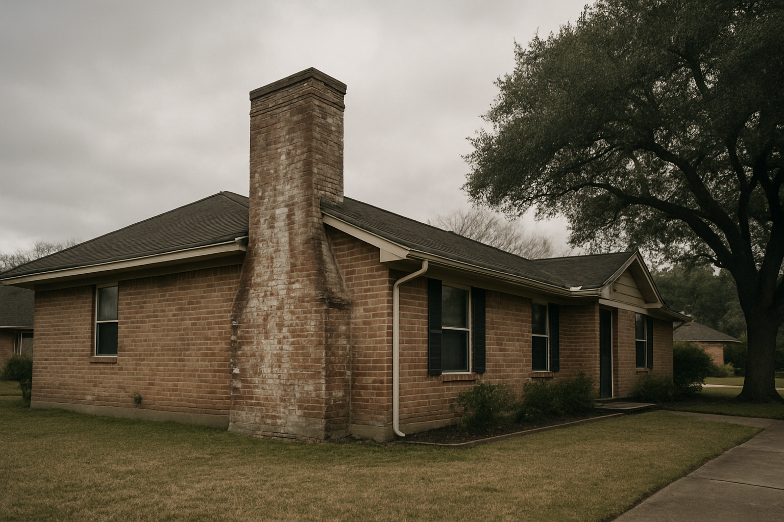 A visibly deteriorating chimney on a recognizable Houston-style brick home grounds the neighborhood failure-rates topic 