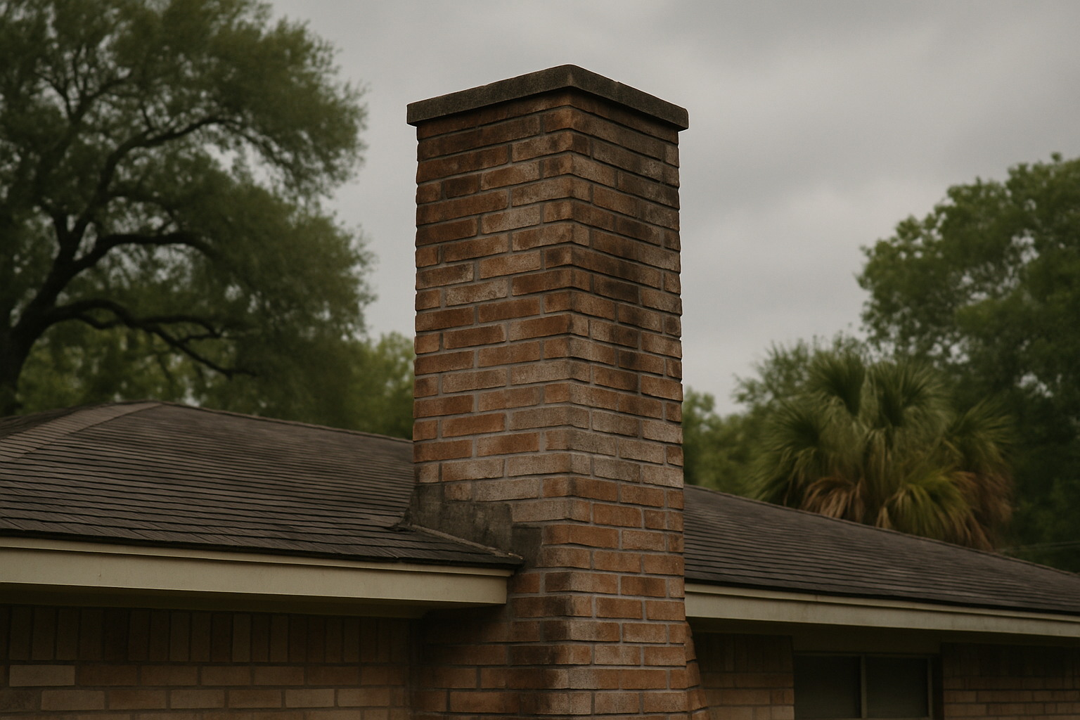 A visibly weather-stressed chimney on a recognisable Houston-style home under Gulf Coast overcast skies directly illustr