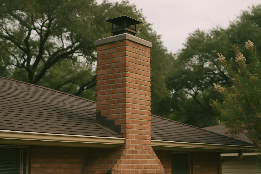 A clear, honest exterior chimney shot grounds the preventive inspections page in Houston's residential architectural rea