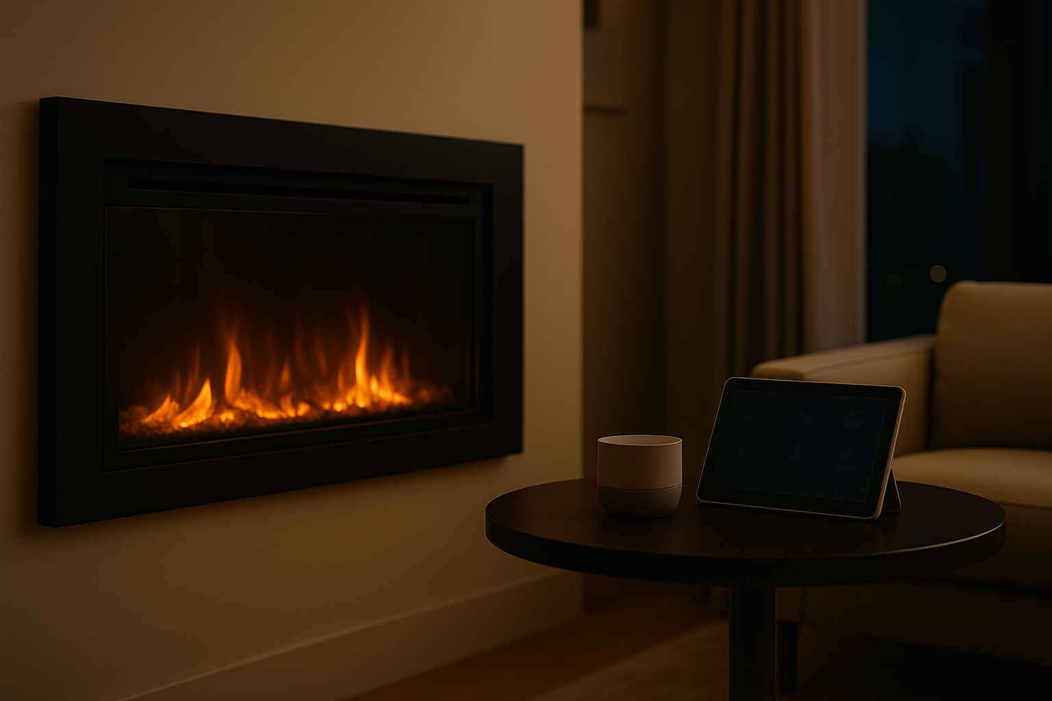 Grounds the smart home fireplace installation topic in a recognisable Houston-area modern interior, showing the WiFi-ena