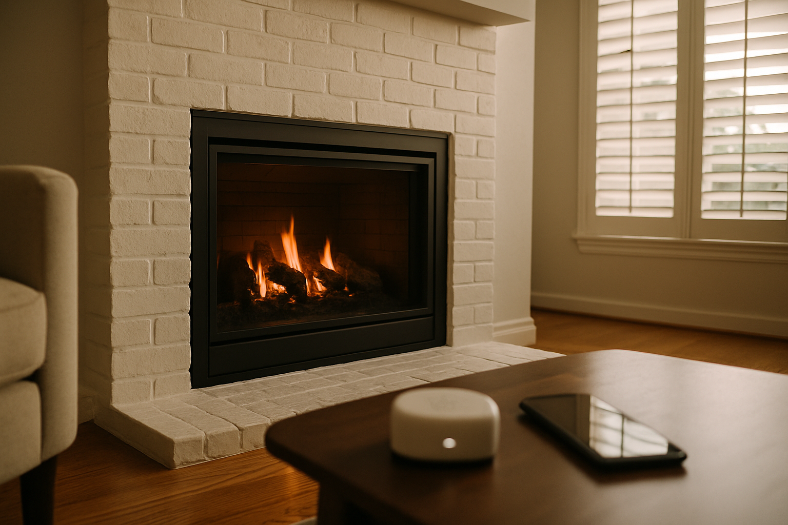 The scene directly illustrates a retrofit smart-integrated gas fireplace in a Houston residential interior, grounding th
